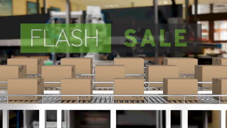 animation of flash sale text over cardboard boxes on conveyor belts in warehouse