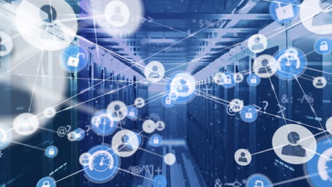 animation of network of connections with icons and data processing over server room