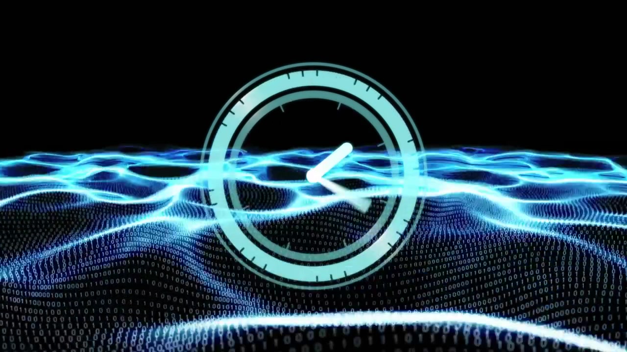 Digital Clock Icon Rotating Over Abstract Binary Data Wave