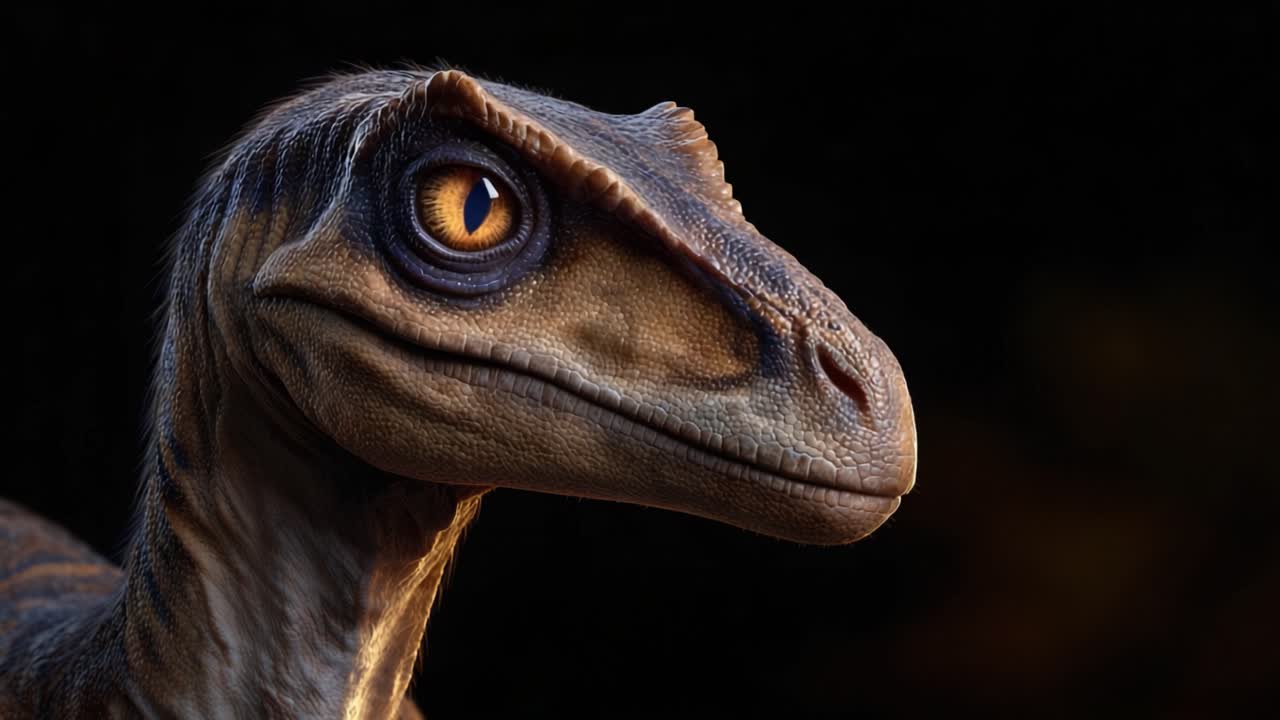 Primo piano di un modello realistico di Velociraptor, che cattura dettagli intricati ed espressioni realistiche per mostrare le ricche caratteristiche di questo antico predatore