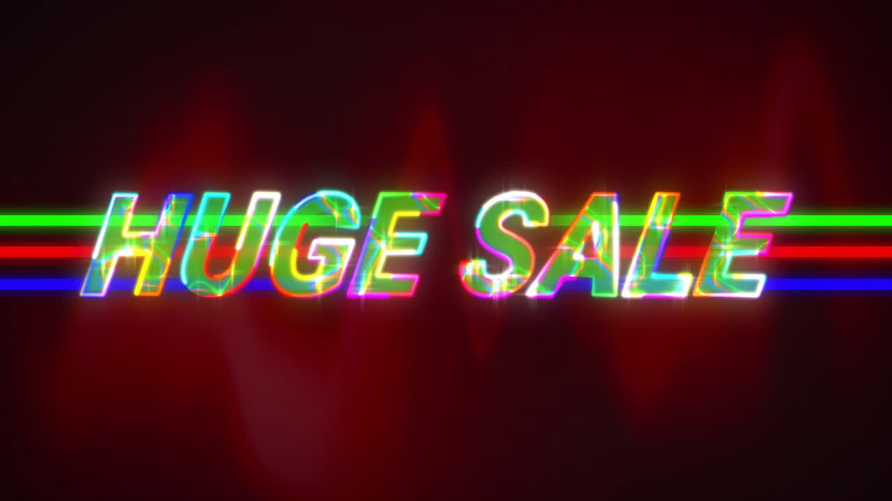 Animation of vibrant neon Huge Sale text on dark background