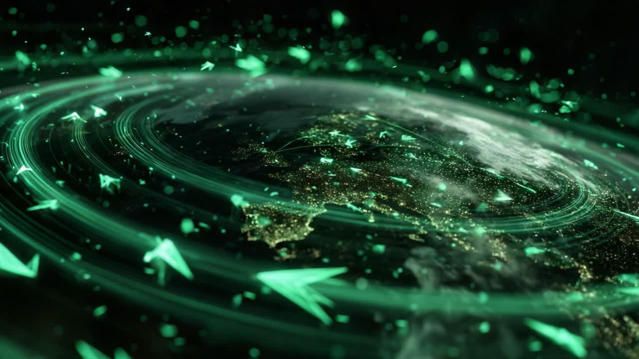 Luminous green cursors and trails orbiting planet Earth over Europe at night, symbolizing global business, digital connection, communication, social media, and modern internet technology