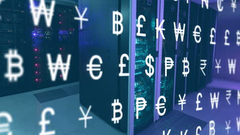 animación de signos de divisas financieras y procesamiento de datos a través de servidores informáticos.