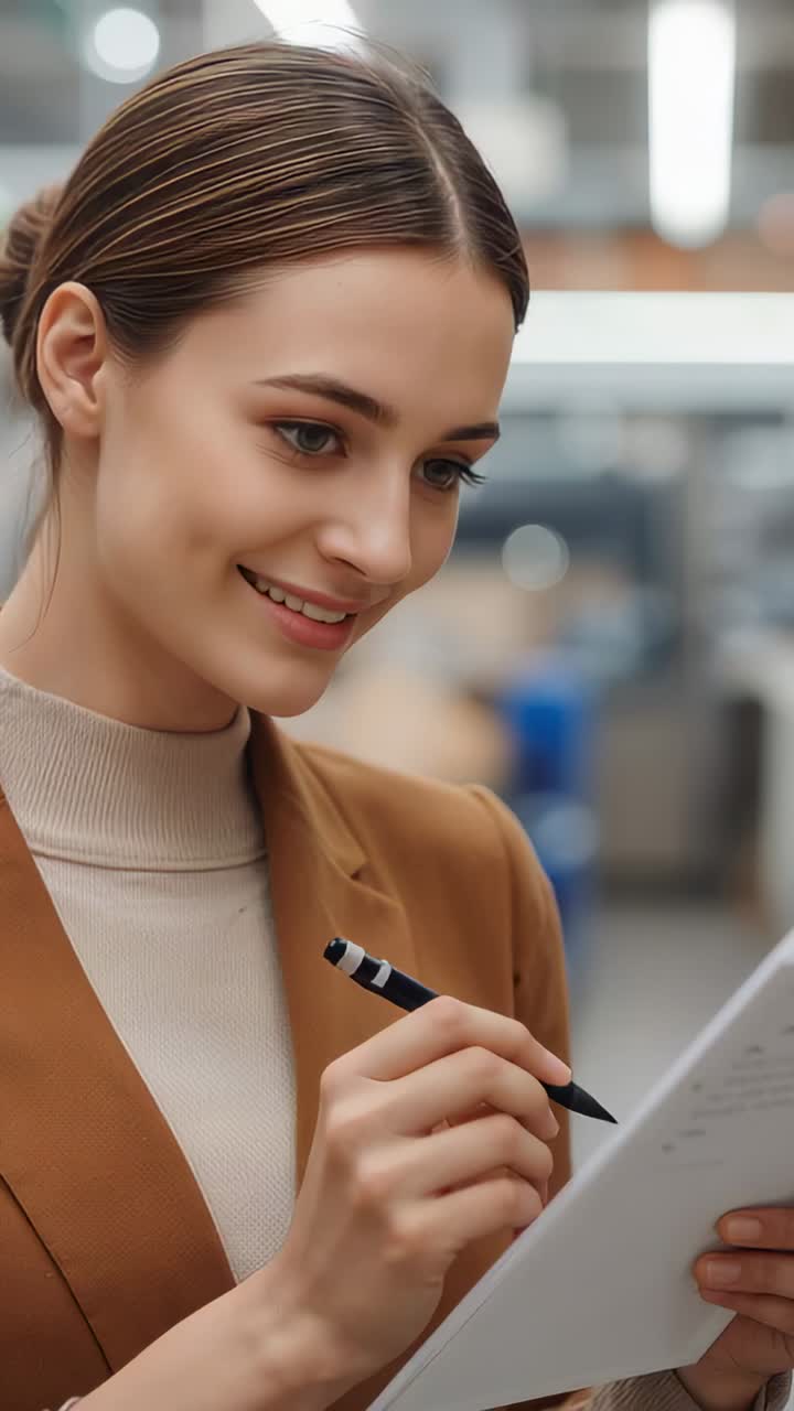 Vertical video: Reviewing woman in tan blazer writing on pad in office noting tasks with black pen