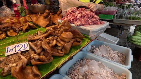 freshly chopped meat at a market stall