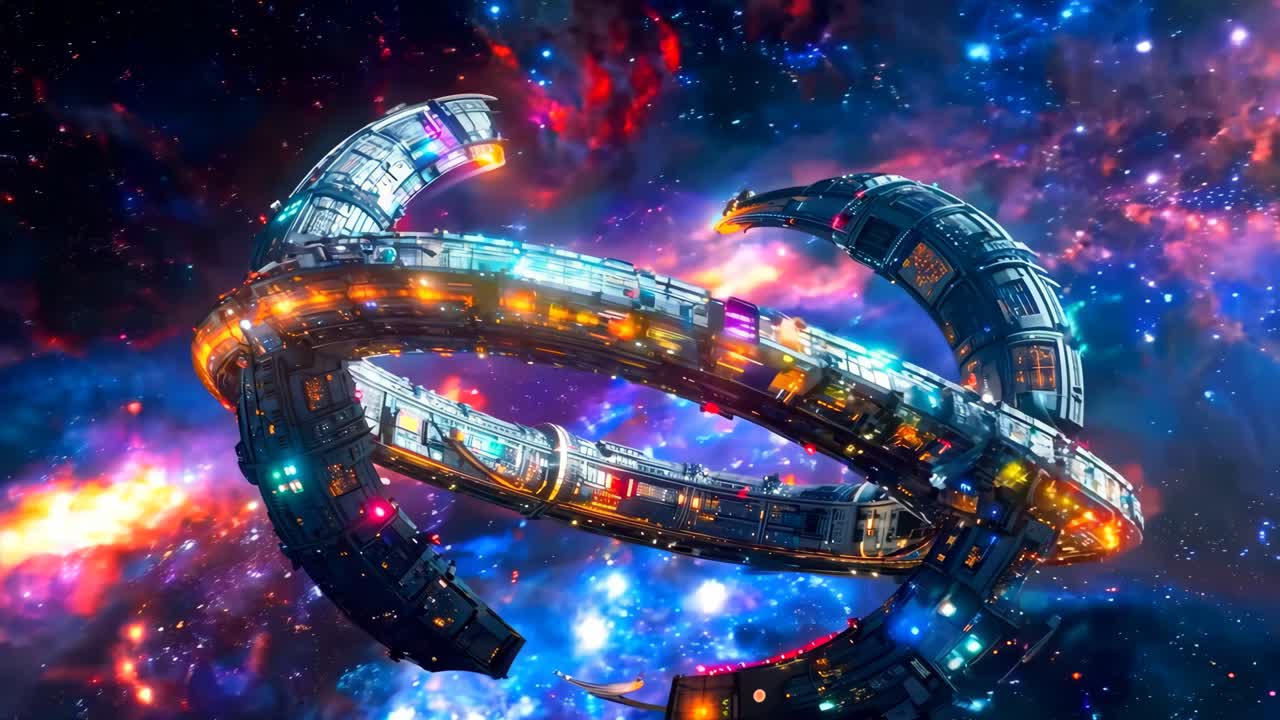 별들로 가득 찬 공간을 날아다니는 미래의 우주선