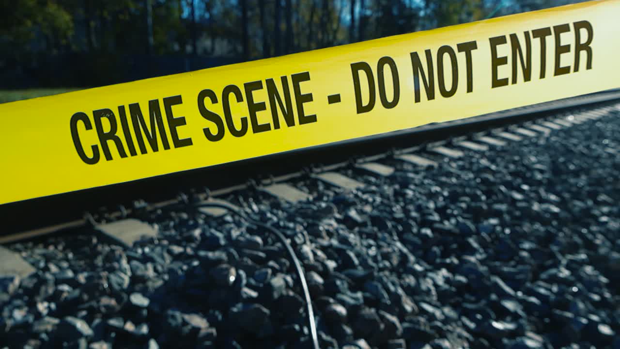 Yellow colored crime scene forensic investigation tape pulled and hanging in front of a sunny railroad area or traintracks while sunlight is backlighting the tape. Bokeh blurry background visible