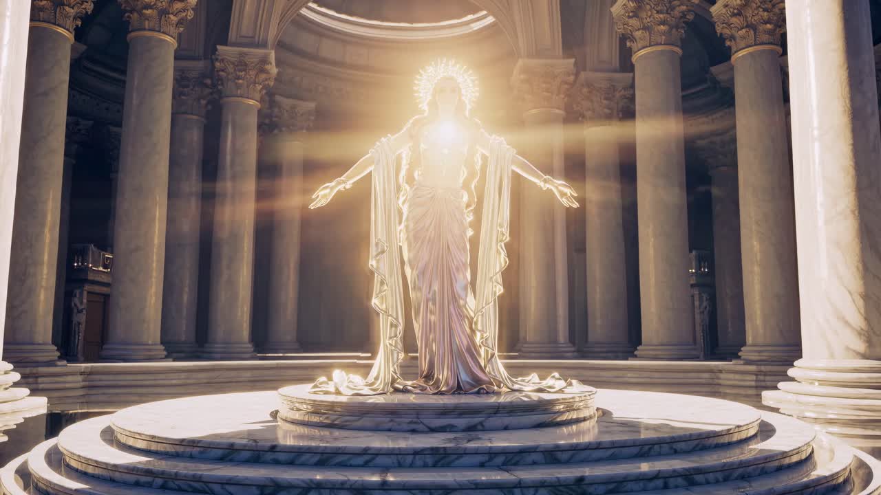 A divine statue in a grand hall, bathed in radiant light