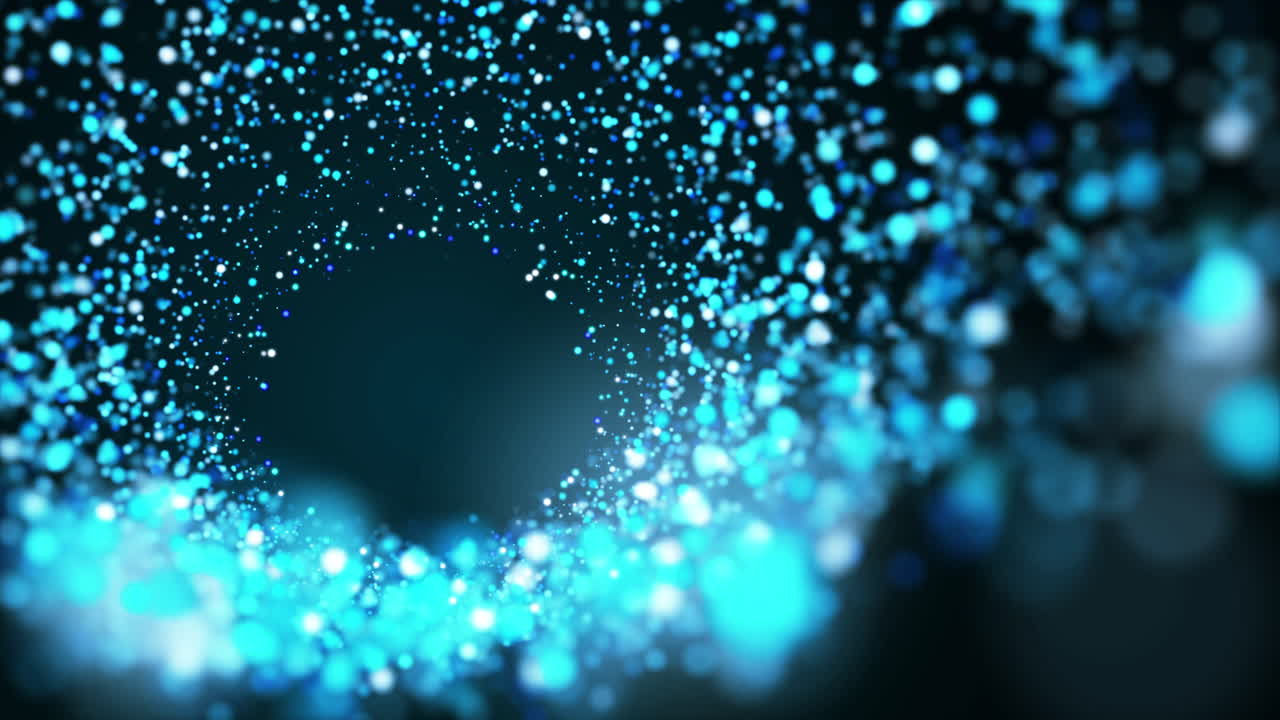 Blue circles of particle waves diverging from center. Colorful glowing brilliant swirl. Looped abstract animation.
