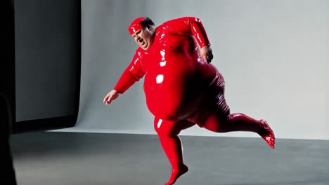 funny red rubber suit performance