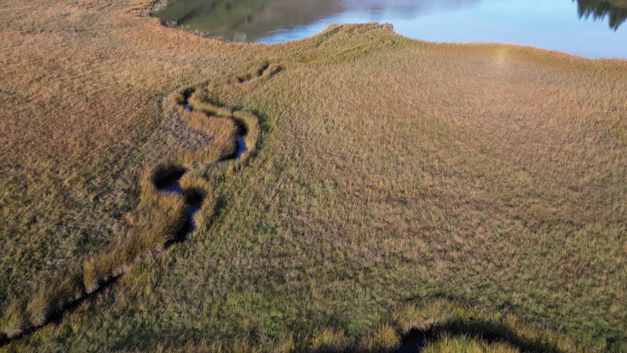 volando sobre un lago en el valle entre colinas con paisaje de hierba a su lado