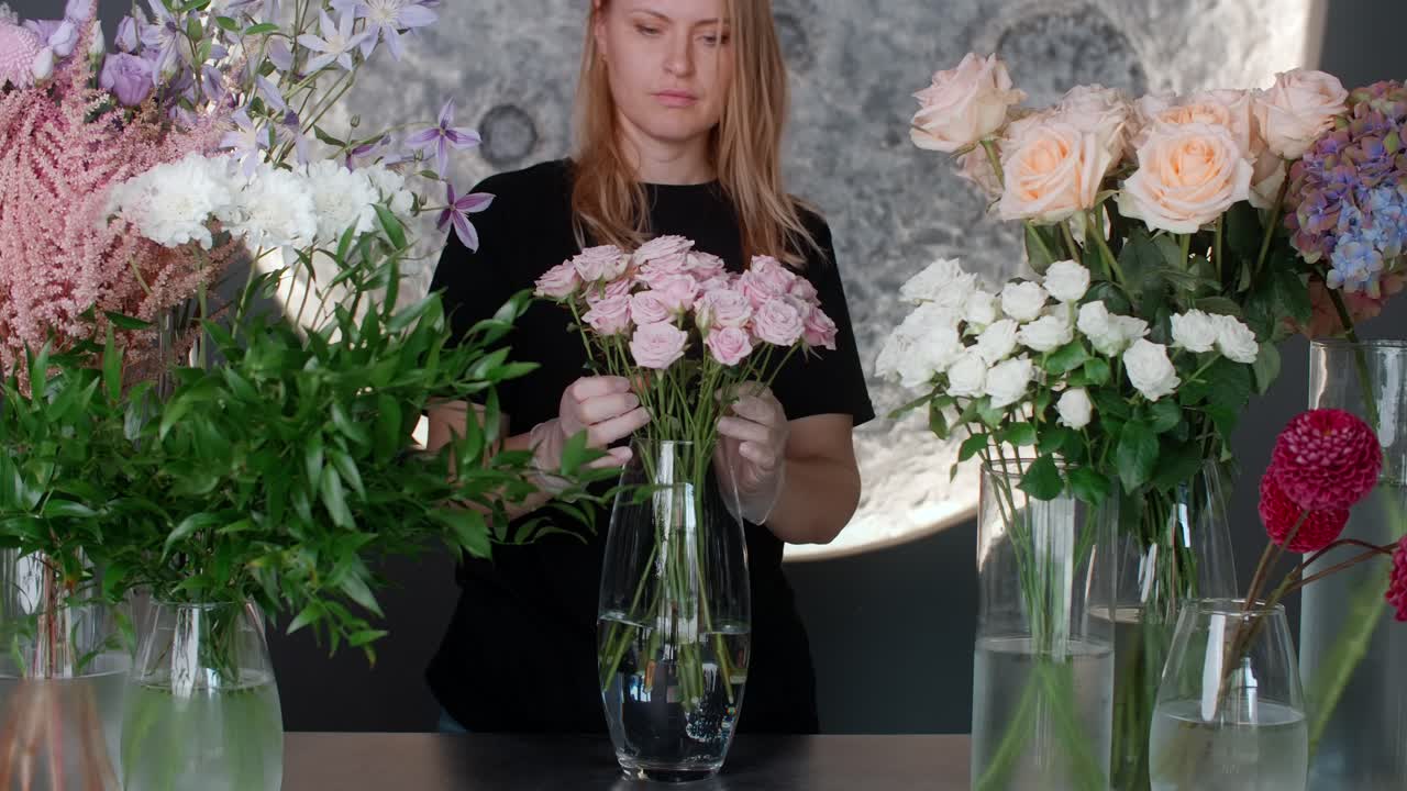 Florist Arranging Flowers in Vases