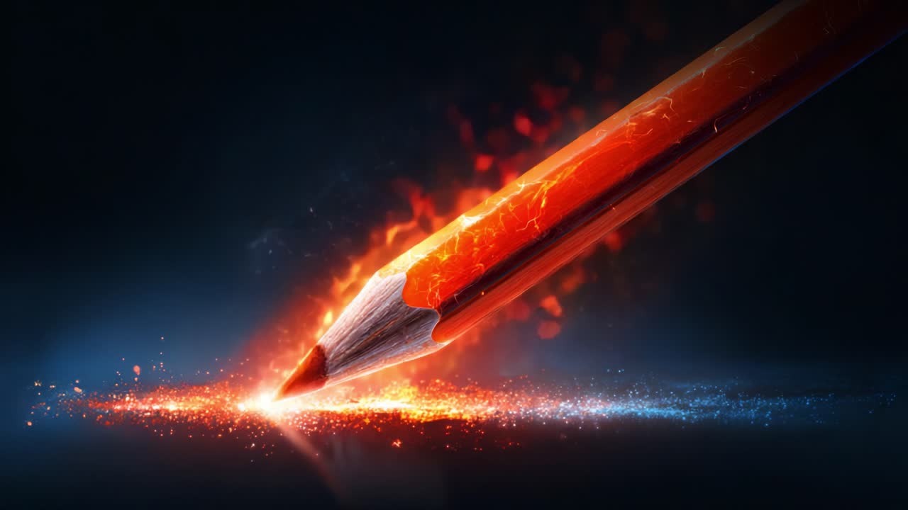 A Vibrant Pencil Illuminating Creativity with Fiery Sparks as it Marks a Canvas of Imagination, Blending Colorful Flames and Glittering Particles in a Magical Display