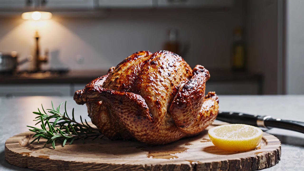 Roasted Whole Chicken on a Wooden Cutting Board