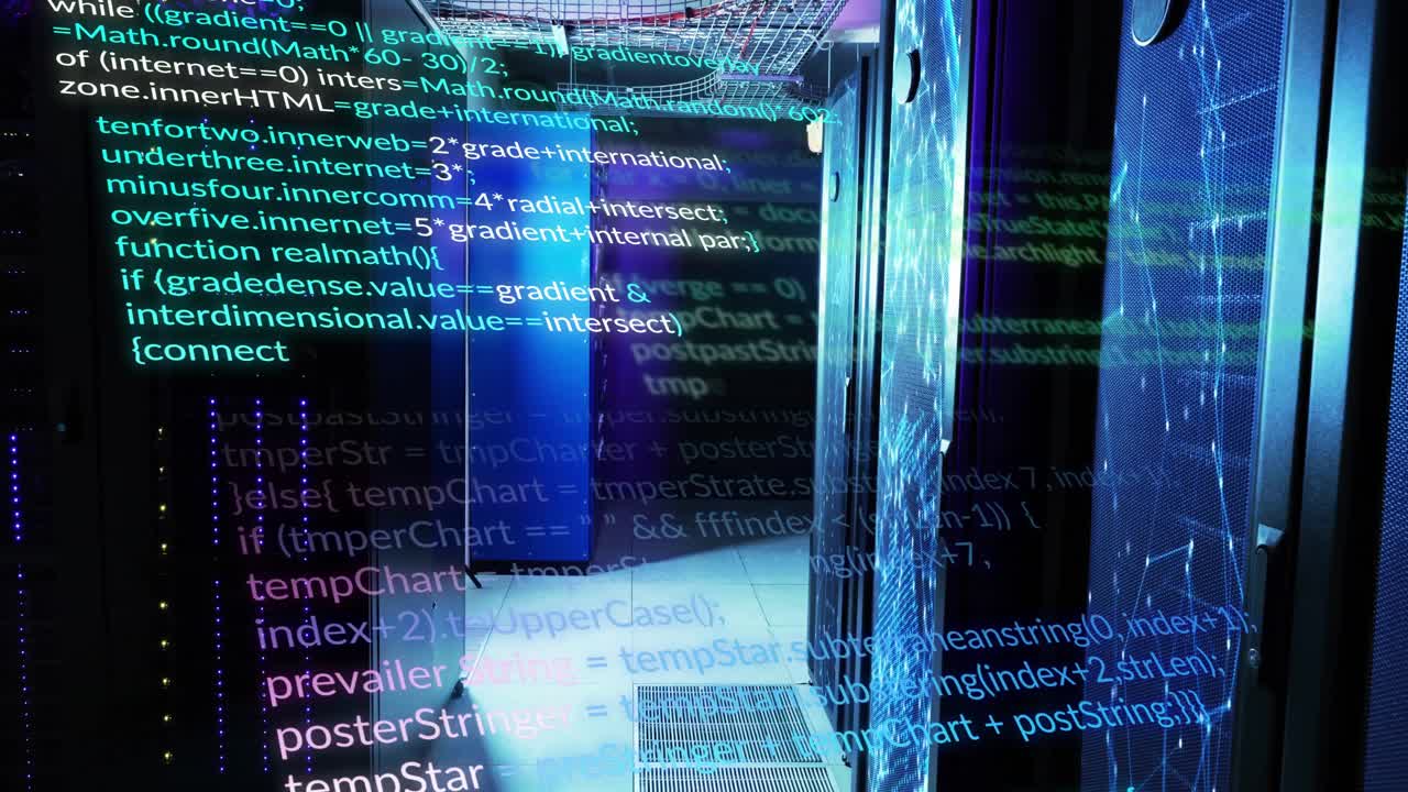 Kamera glider langs servere, viser rullende kode og pulserende LED'er, der skildrer dataflow.
