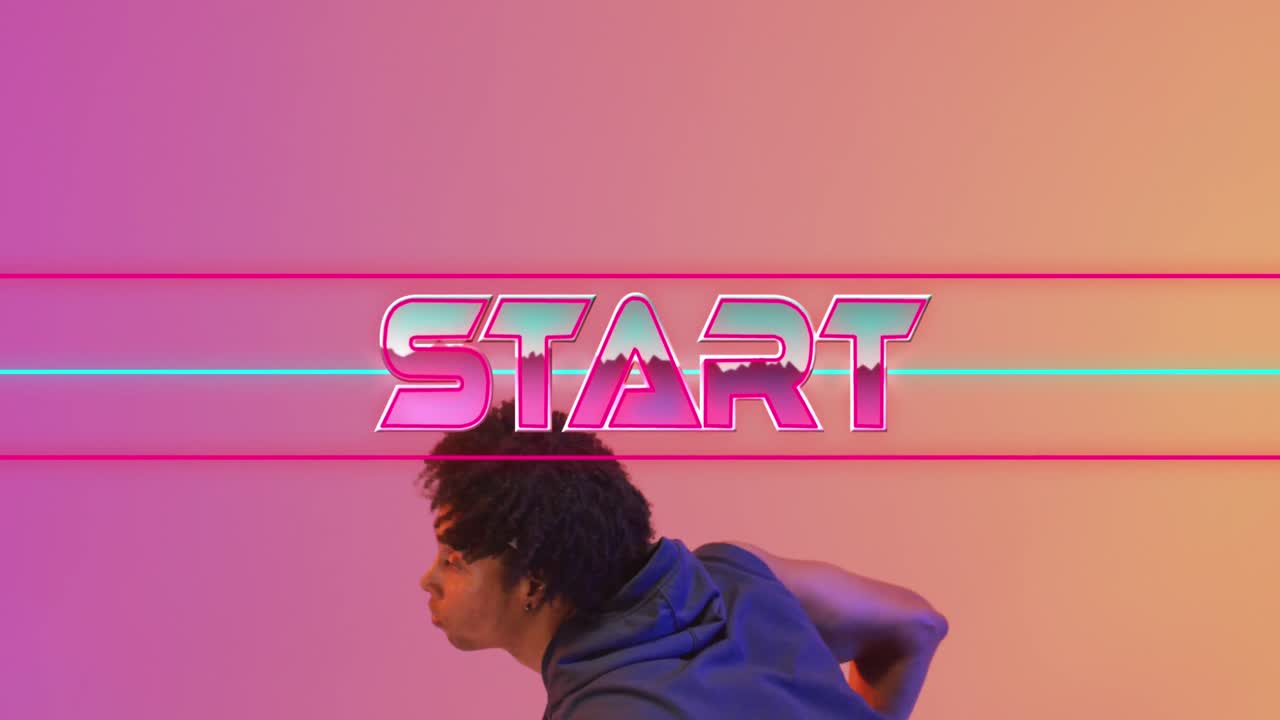 네온 배경에 농구 선수에 대한 시작 텍스트와 네온 라인의 애니메이션