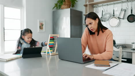 laptop, phone call and woman with child for remote