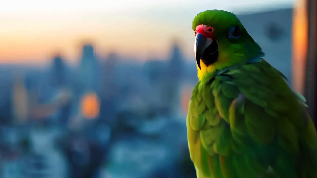 зеленый попугай сидит на подоконнике с городом на заднем плане