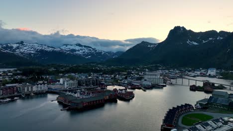 midnight sun aerial of svolvaer with lamholmen, storoya, svinoya and surrounding harbor islands