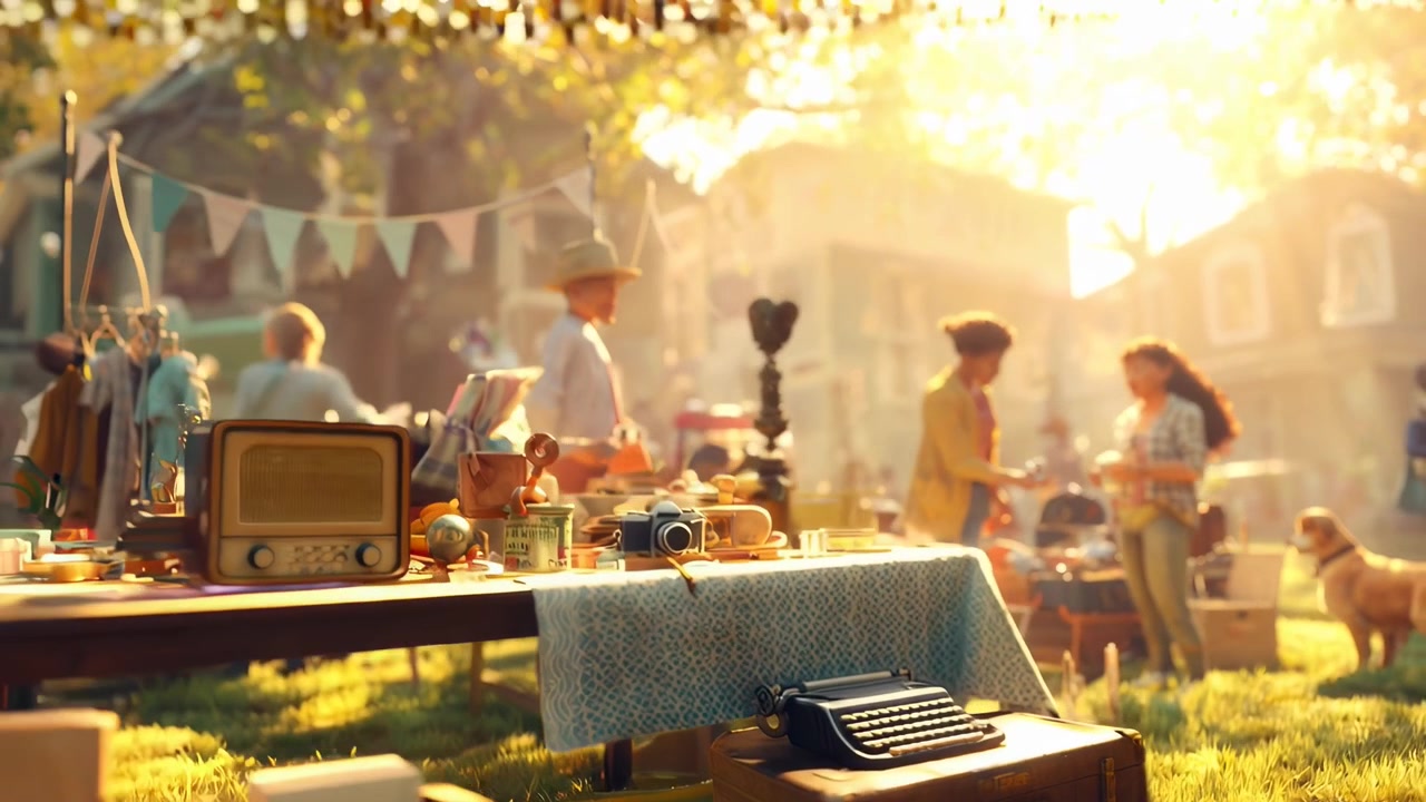 Persone che curiosano tra oggetti vintage in un mercatino delle pulci all'aperto e soleggiato