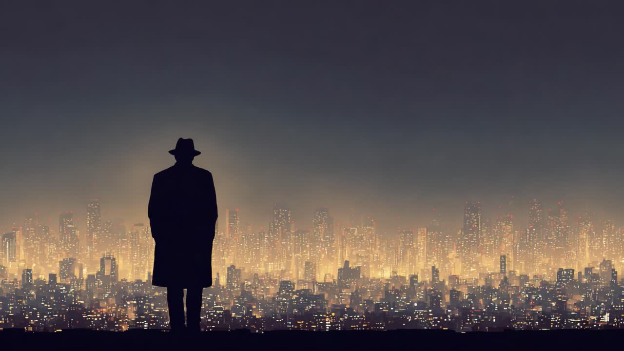 Una figura solitaria se alza en silueta contra un extenso paisaje urbano, mientras amanece, proyectando un cálido resplandor sobre el horizonte urbano, lo que simboliza misterio y expectación.