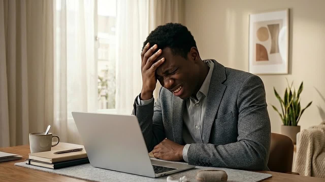 Stressed Man Experiencing Headache While Working on Laptop