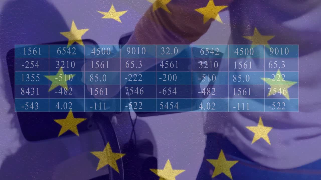숫자와 eu 발의 애니메이션: 카우카시안 남자가 자동차에 연료를 공급합니다.