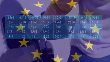 숫자와 eu 발의 애니메이션: 카우카시안 남자가 자동차에 연료를 공급합니다.
