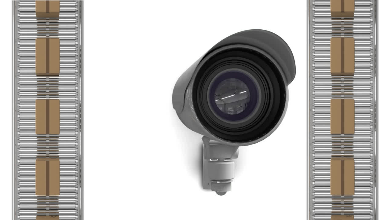 cámara de cctv y cajas en cintas transportadoras