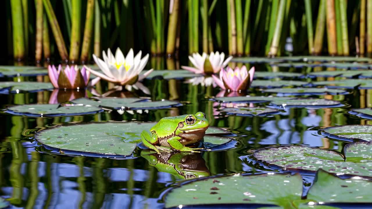 Close-up, eye-level shot of a frog on a lily pad surrounded by water lilies, creating a serene