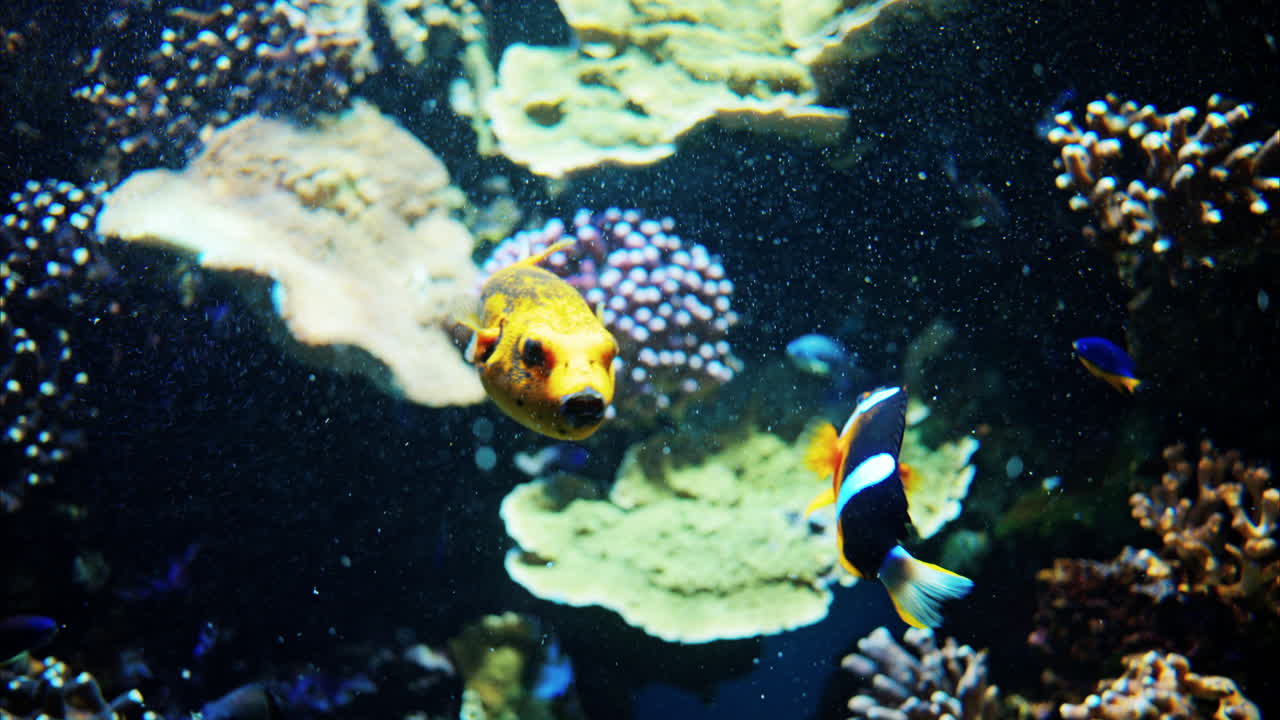 Close up of a Blackspotted puffer fish swimming near coral reefs