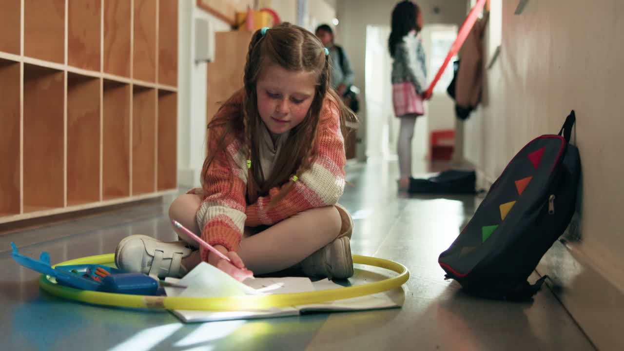 A young girl writing in a school hallway