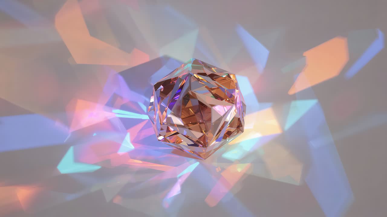 Rotating crystal casting pastel light patterns on base, with beam from single lamp shifting hues