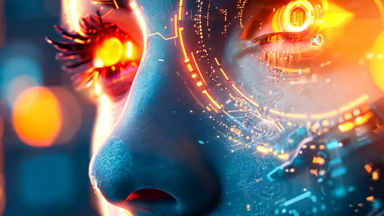 un primer plano de la cara de un robot con ojos rojos