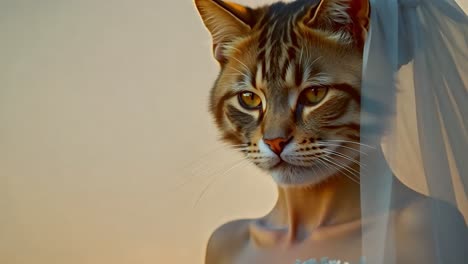 woman with a cat's head wearing a white wedding dress and veil, posing outside during golden hour