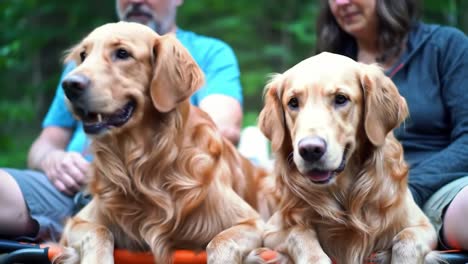 a heartwarming moment with two golden retrievers enjoying the outdoors while relaxing with their owners in a serene natural setting