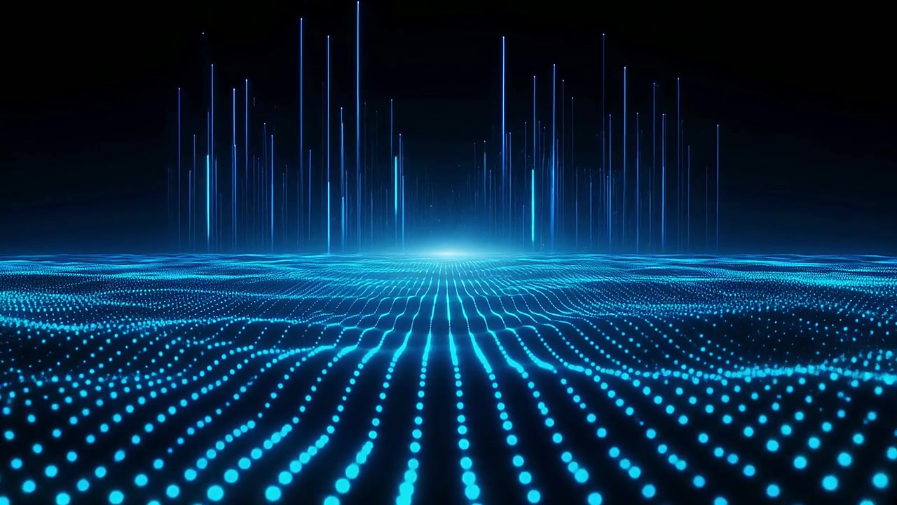 Abstrakt digitalt datanetværk med glødende blå partikler.