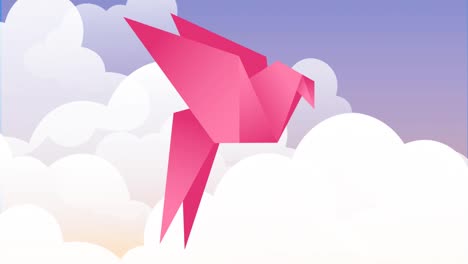 Animation-of-pink-bird-flying-over-clouds-on-blue-sky-in-background