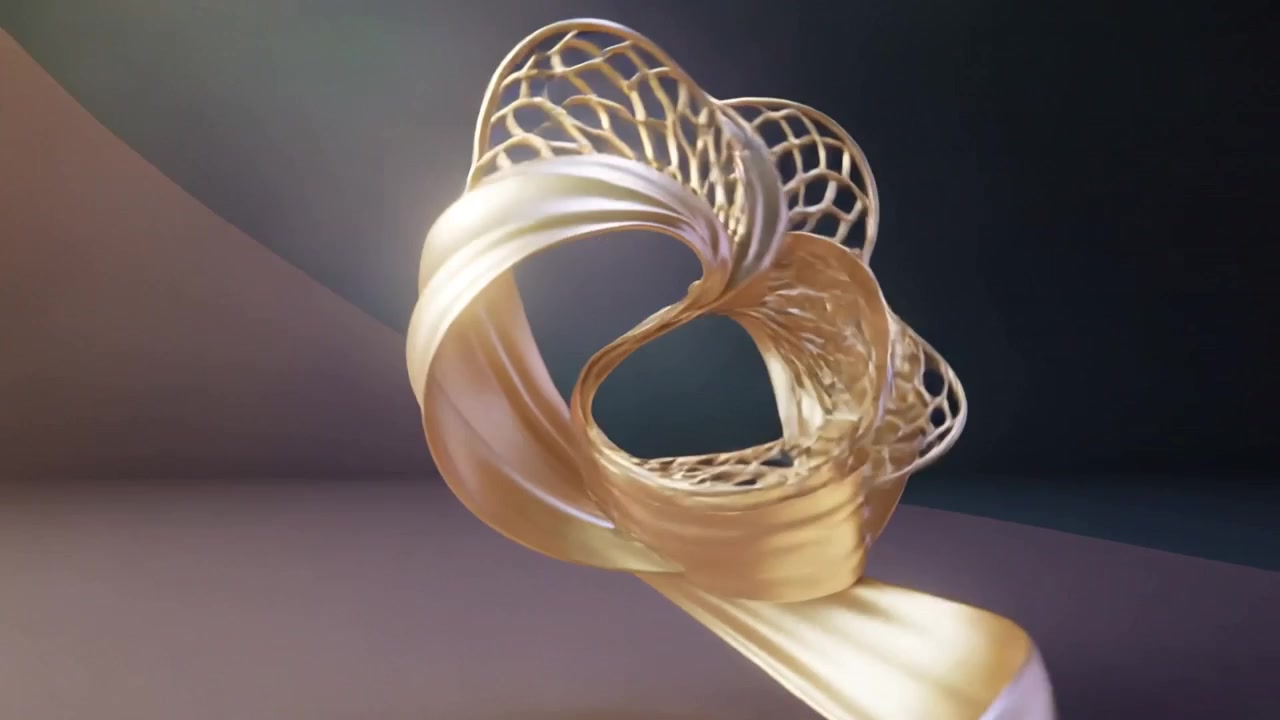 Animating gold sculpture rotating, pulsing lattice petals, curling ribbon into loop on studio stage