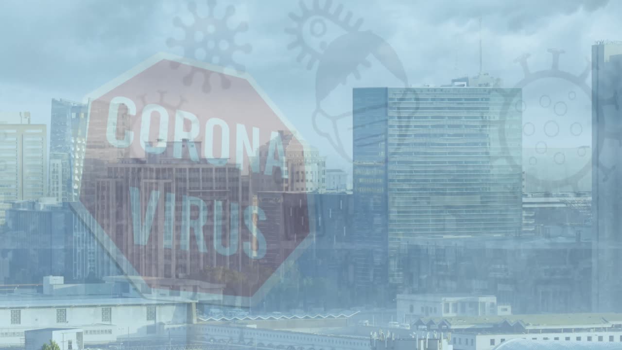 코로나 바이러스 금지 표지판과 도시 풍경 위의 바이러스 세포의 애니메이션