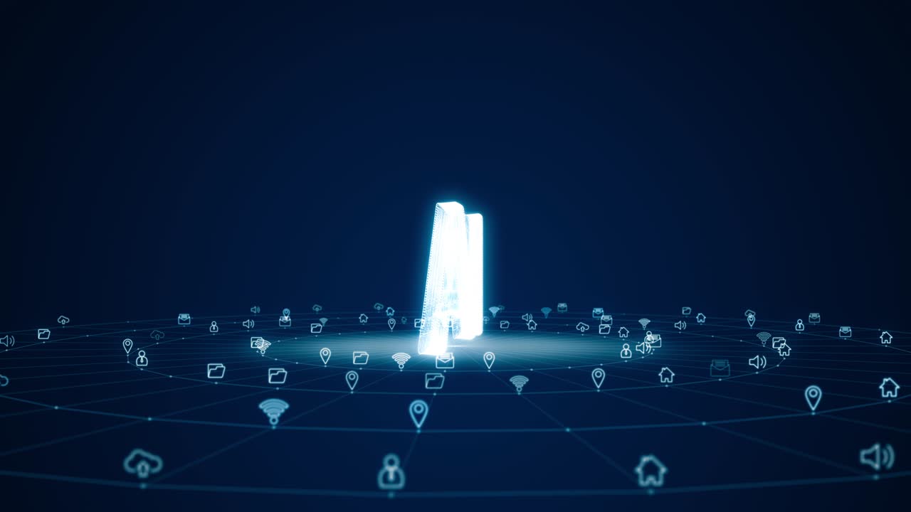 Motion graphic of Blue digital 3D AI logo with futuristic technology icon and line connection with circle rotation on abstract background concept seamless loop video