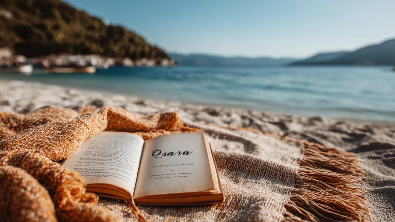 A Serene Beach Scene: An Open Book Resting on a Sandy Shore with the Gentle Waves of the Sea and Lush Greenery in the Background