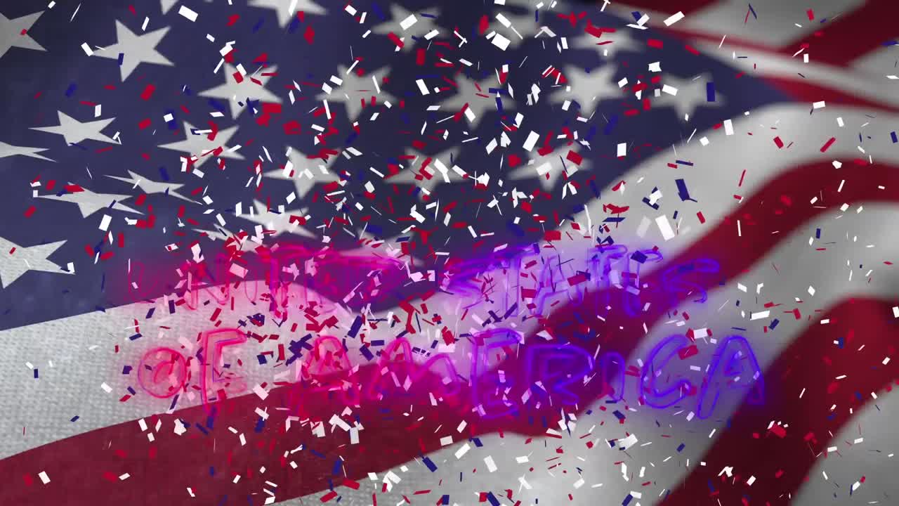 animación del texto estados unidos de américa, y confeti cayendo sobre agitando la bandera estadounidense