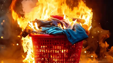 a red basket full of clothes on fire