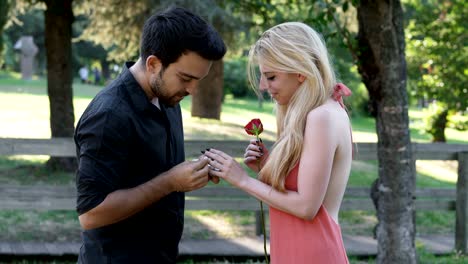 proposal of marriage at the park: man kneels in front of his future bride