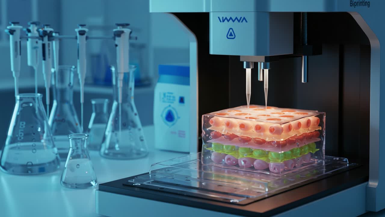 Advanced Bioprinting Process Captured in Two Distinct Frames: Layered Gel Structure Being Constructed by Precision Nozzle in a Modern Lab Setting