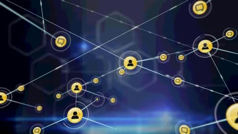 Animation-of-networks-of-connections-with-icons-over-blue-hexagons