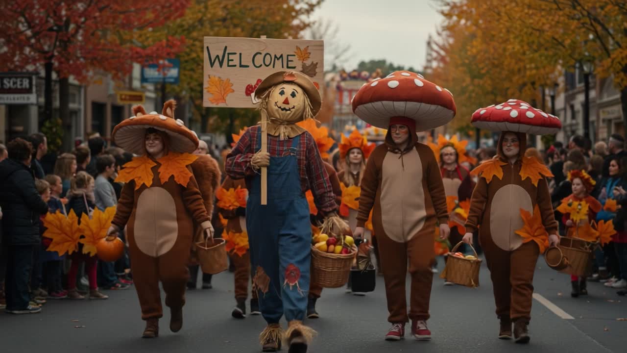 Autumn Harvest Parade with Scarecrow and Mushroom Costumes