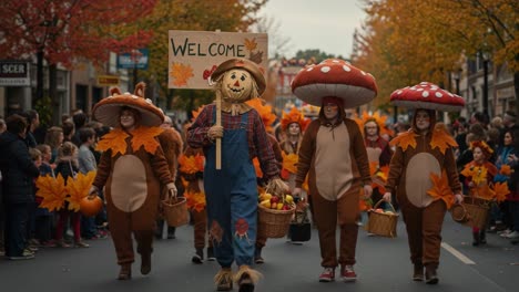autumn harvest parade with scarecrow and mushroom costumes
