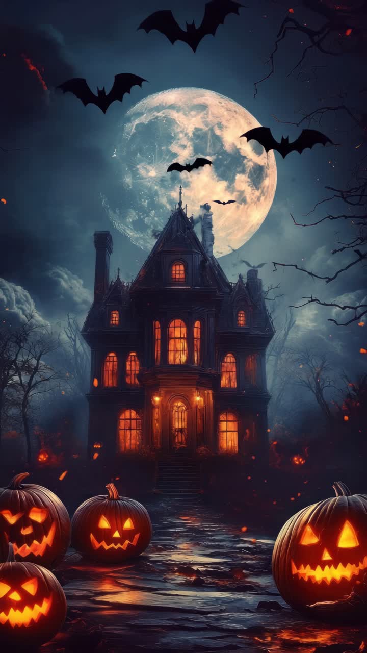 Scena spettrale di Halloween con vista dal basso di una casa infestata, zucche luminose e pipistrelli